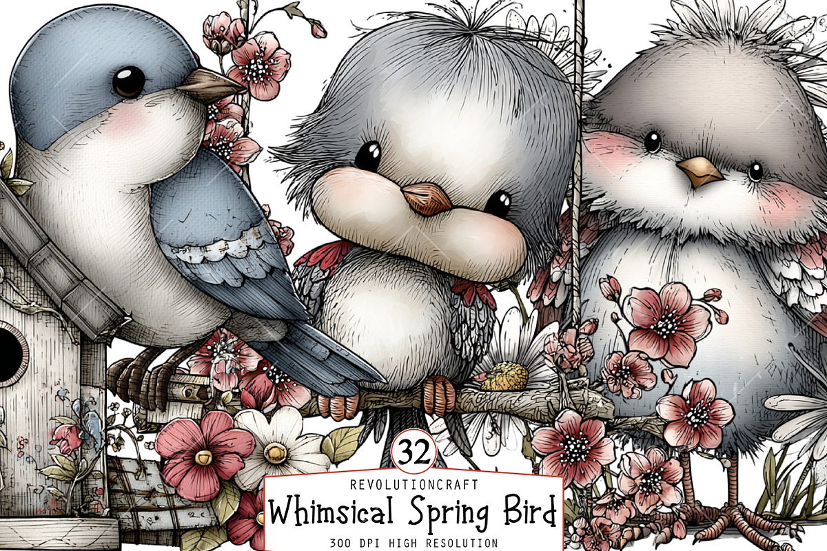 Whimsical Spring Bird Clipart, an Illustration by OK Design (Photo 1 of 6)