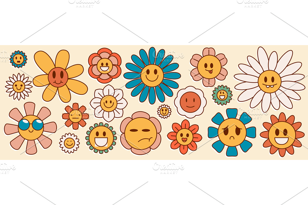 Retro groovy daisy flowers with, an Object Illustration by art PVP - market