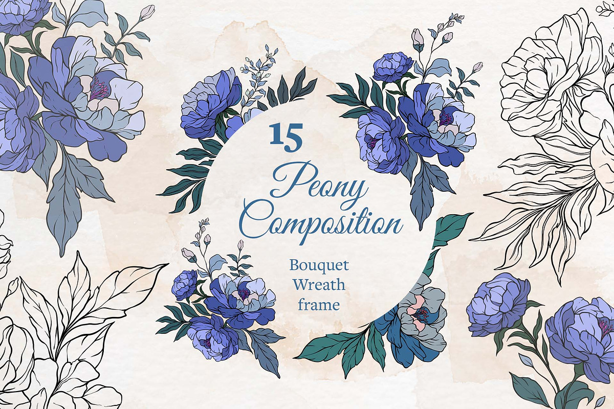 Blue Peony Flowers Set, a Decorative Illustration by Papatongartist (Photo 3 of 6)