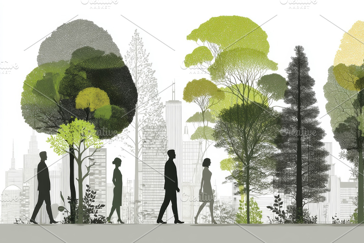 People walking amidst trees blending urban and natural environments, an Illustration by AS photostudio