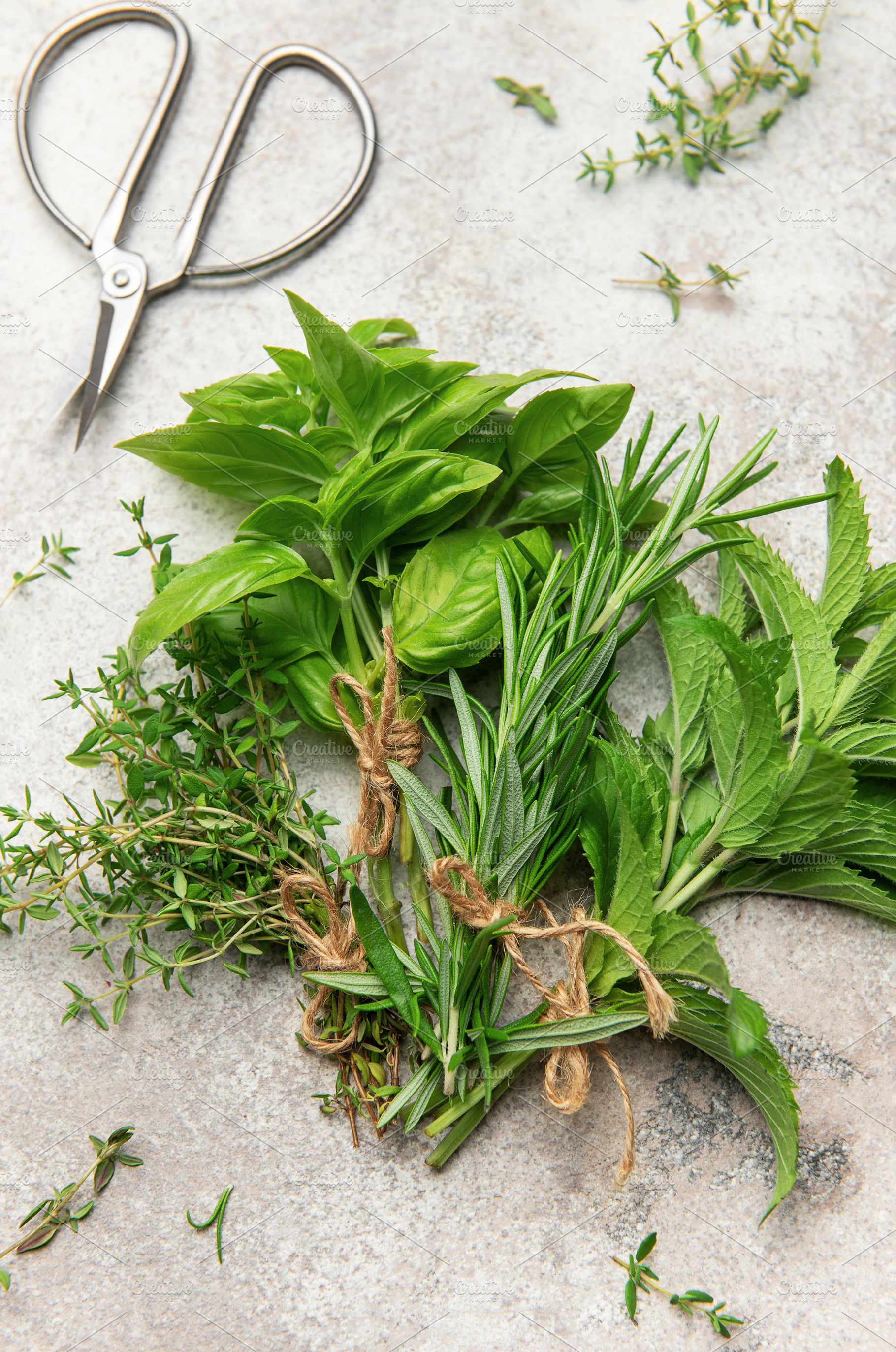 Freshly cut herbs tied with twine lying on gray marble with scis, a Food & Drink Photo by Olena Rudo