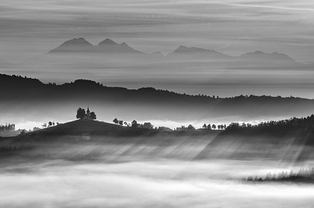 Black and white morning stock photo containing church and hill, a Nature Photo by Dreamy Pixel
