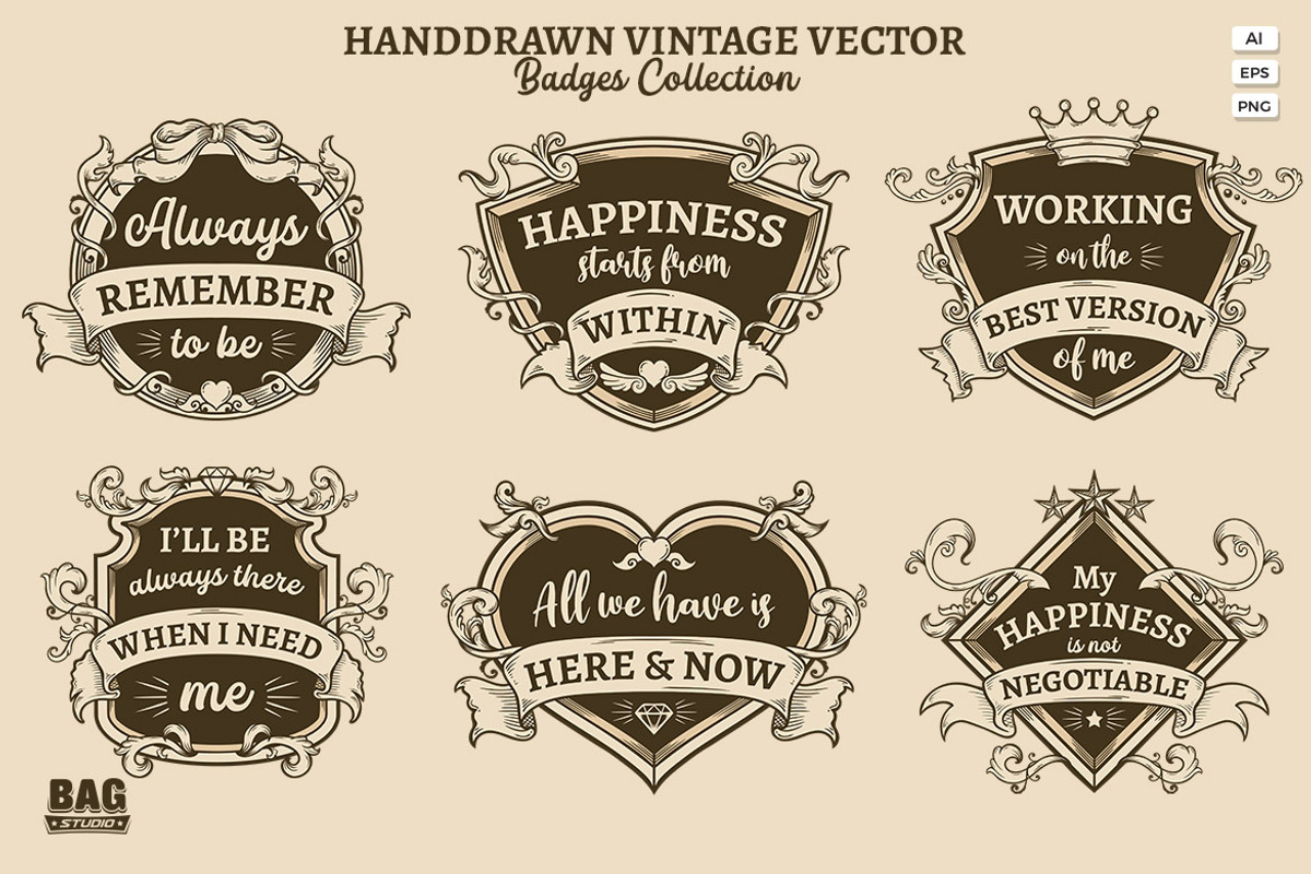 Hand drawn Vintage Vector Badges, an Illustration by Bagstudio Shop