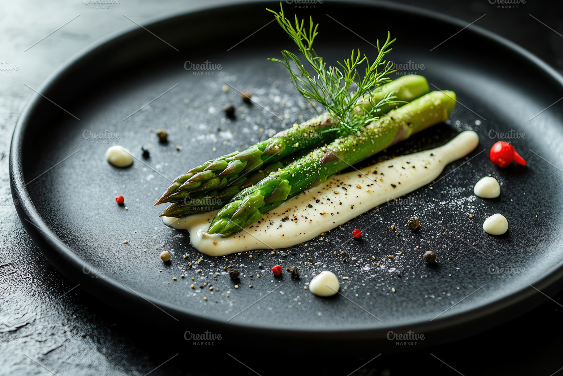 Green asparagus on a black plate, a Photo by Pavel_design