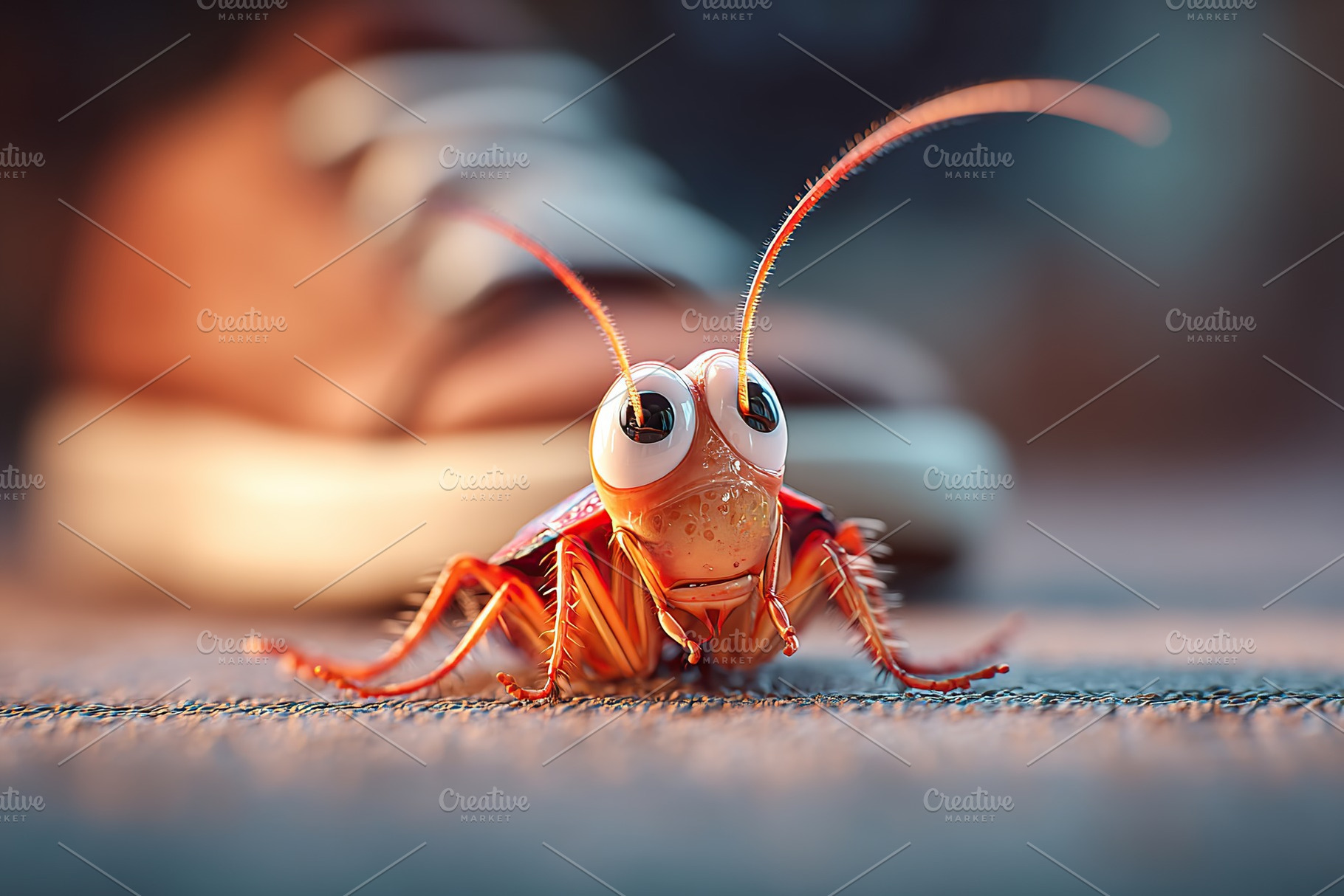 Close-up of a vibrant insect on a textured surface near a person's sneaker, a Photo by AlyaAnd