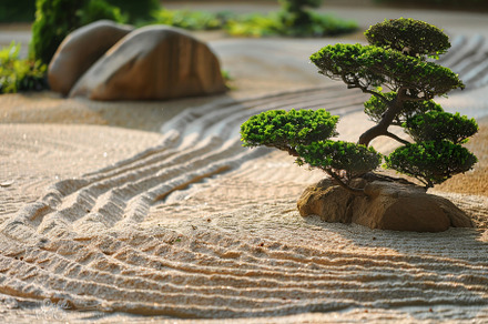 A serene Zen garden with meticulousl, a Photo by Iftikhar Alam