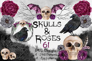 Halloween Watercolor Skulls & Roses