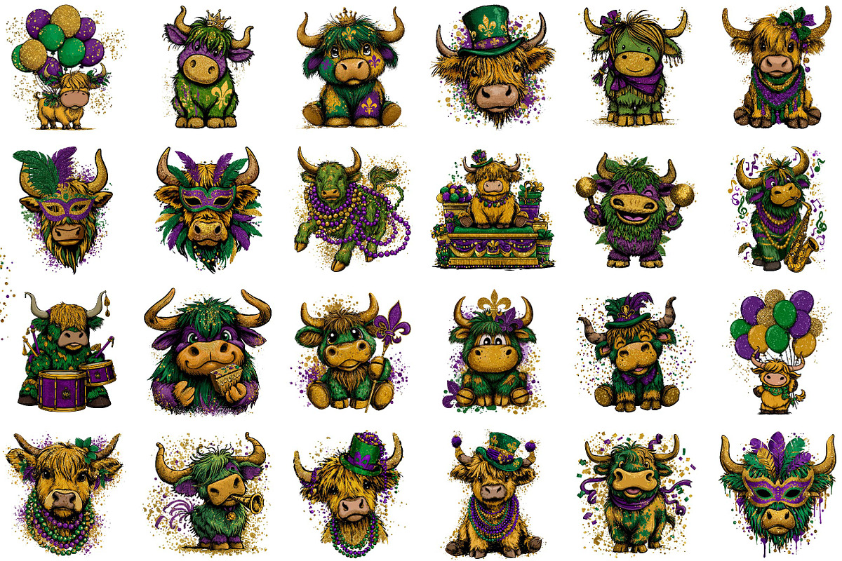 Cute Mardi Gras Highland Cow Clipart, an Illustration by Sublimation Artist (Photo 2 of 6)