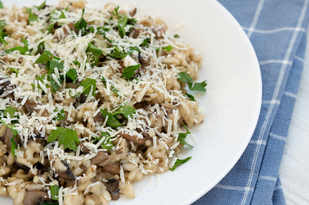 Homemade mushroom risotto with parsley on a white plate, low ang, a Food & Drink Photo by LiudmylaChuhunova