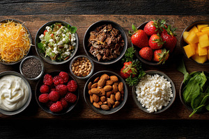Fruits, nuts, greens, and dairy item, a Photo by Pavel_design