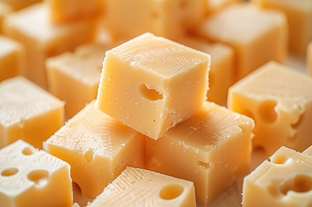 Squares of cheddar with holes agains, a Photo by LOGOCREATIVE