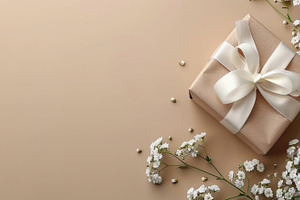 Gift box with ribbon and delicate flowers minimal pastel flat la, a Holiday Photo by José Manuel Gelpi