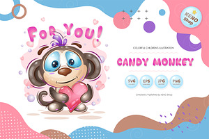 Cute monkey with a heart. Tshirt., an Animal Illustration by KENO Mascots