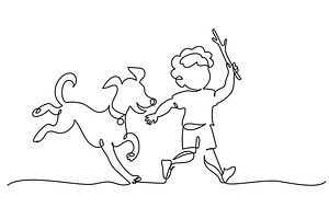 Little Boy run with big dog, a Person Illustration by Valenty