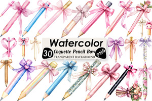 Pencil Bow Coquette Style Watercolor, an Illustration by Black Bird Studio