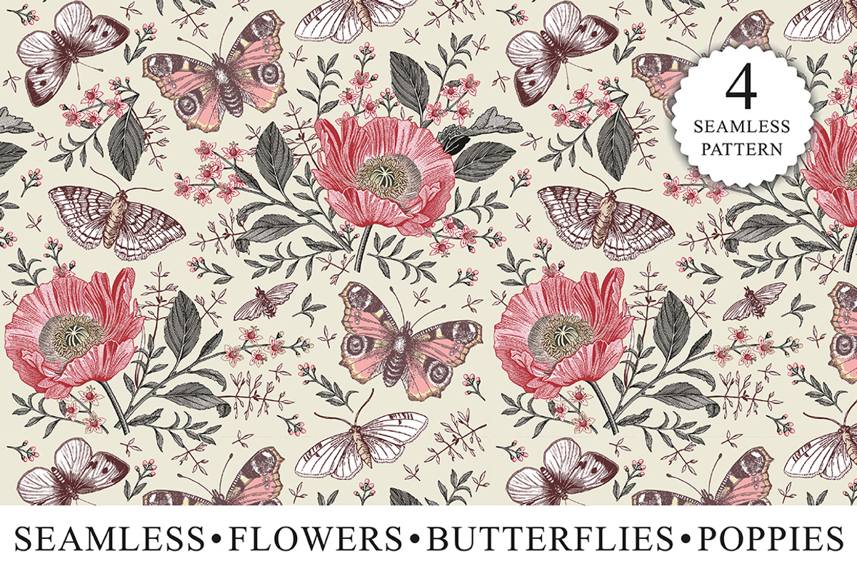 Seamless Butterflies Poppy Poppies, a Pattern Graphic by Vintage (Photo 1 of 13)