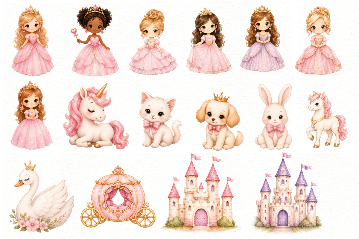 Pink Princess Watercolor Cliparts, a Person Illustration by Villa 11 Estudio (Photo 2 of 3)