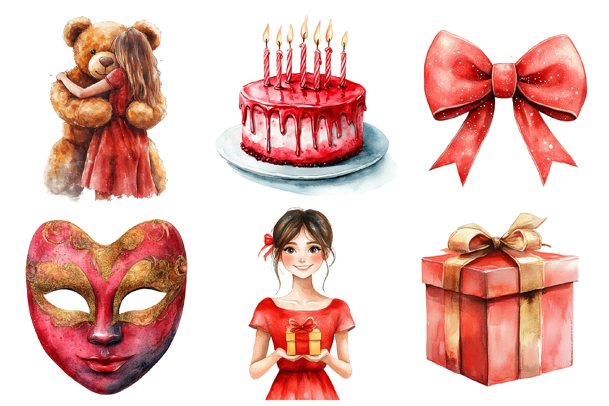 Red Birthday Watercolor Clipart, an Illustration by SinaCreation (Photo 3 of 5)
