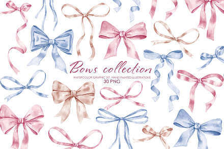 Watercolor ribbon bows clipart., a Decorative Illustration by AquarelleSpace