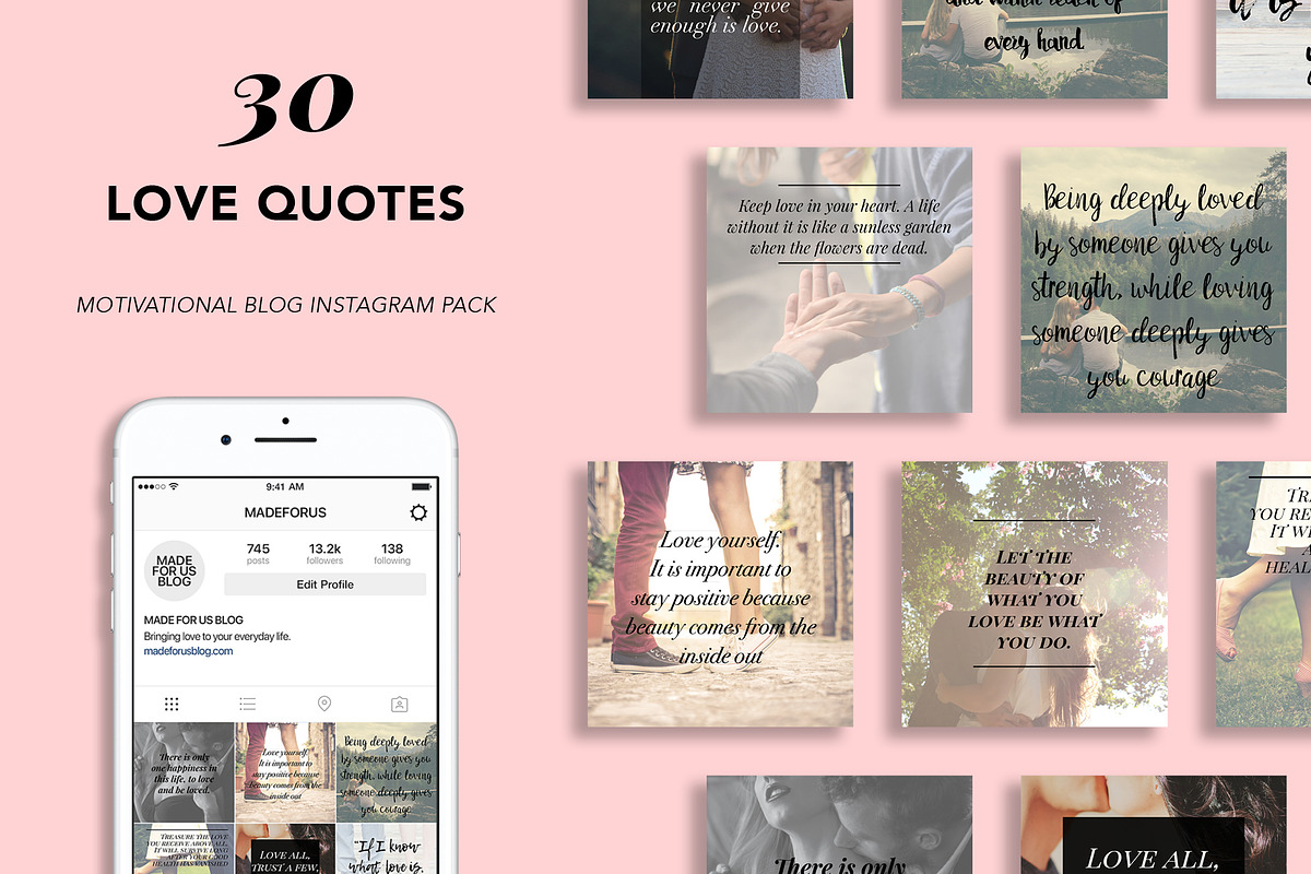 30 Love Quote Instagram Pack, a Social Media Template by Uno Bello Design Studio (Photo 1 of 6)