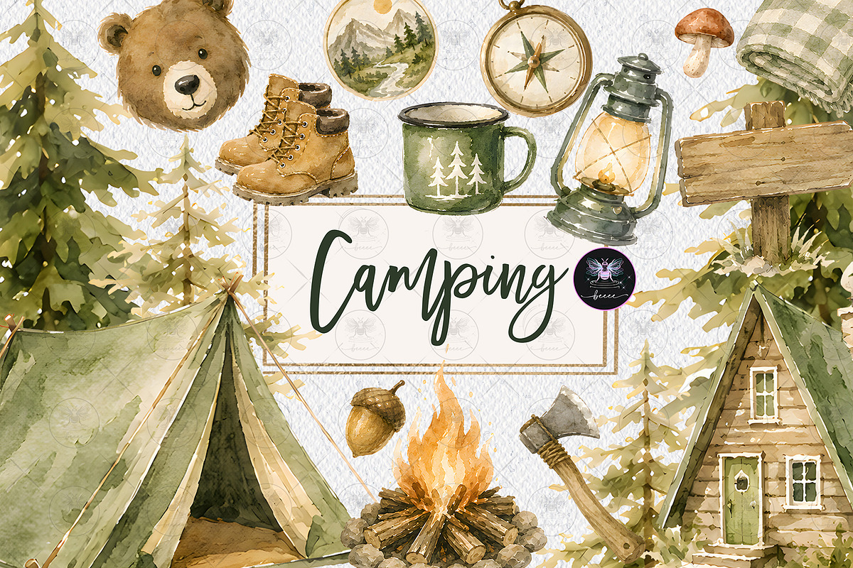 Woodland Camping Clipart, a Decorative Illustration by BigCakeBee (Photo 1 of 4)