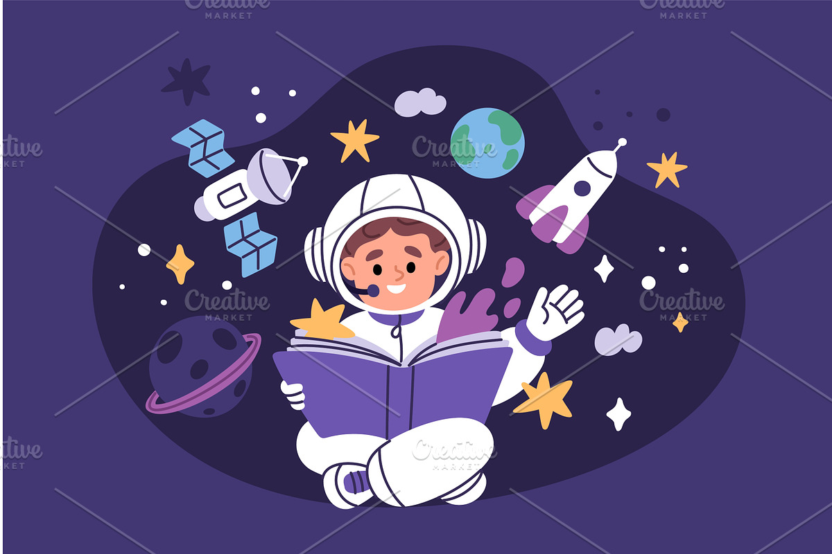 Reading space book. Funny boy reads, an Education Illustration by YummyBuum