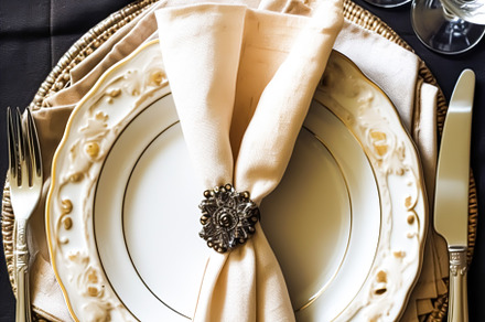 Elegant dinner table setting arrangement in English country styl, a Photo by Anneleven