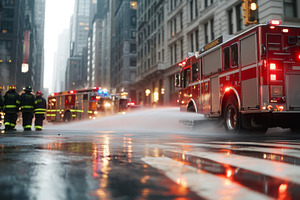 Firefighters battling high-rise building blaze, urban emergency, a Photo by Dvoevnore photos