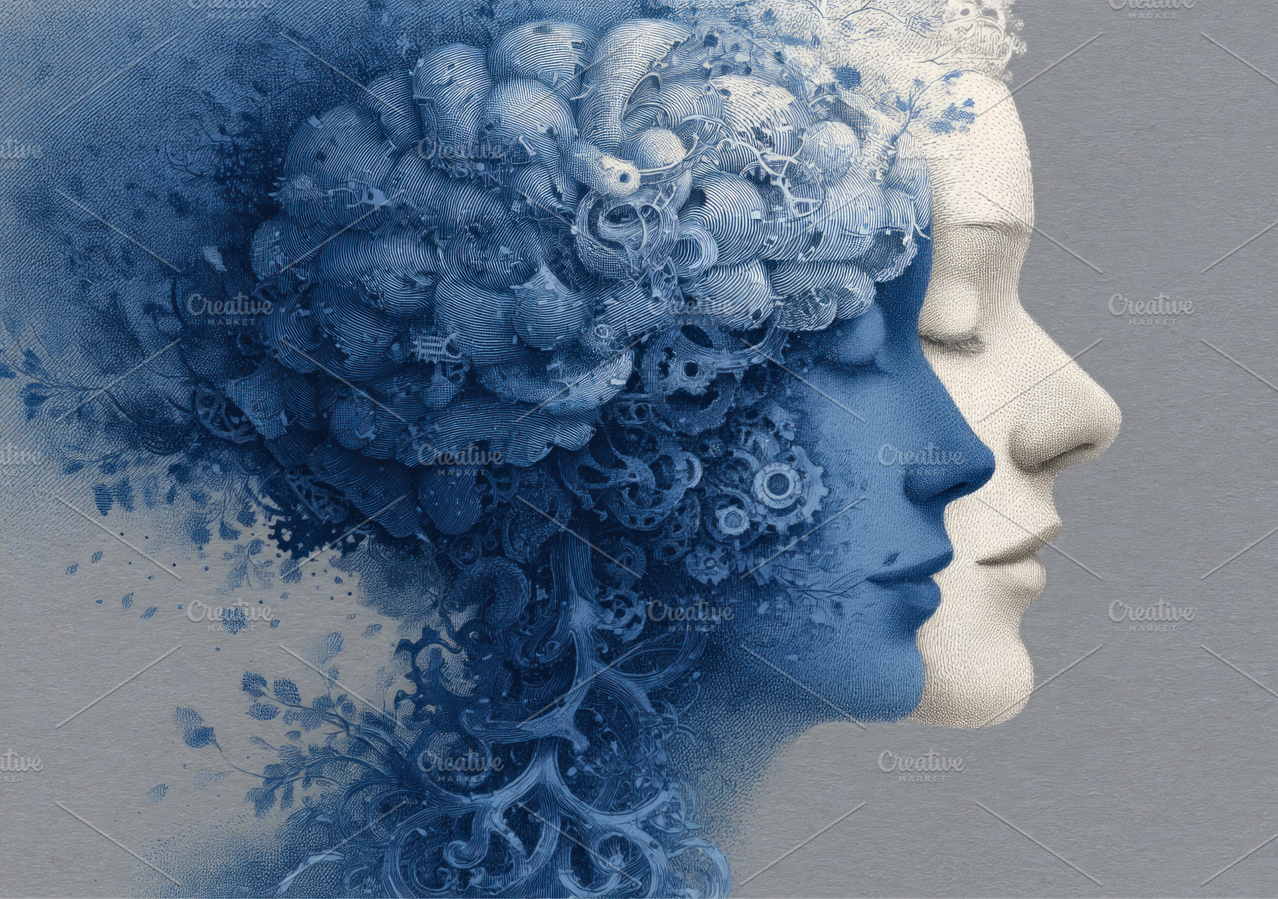 Surreal dual portrait of two women with intricate mechanical and, a Health & Medical Photo by José Manuel Gelpi