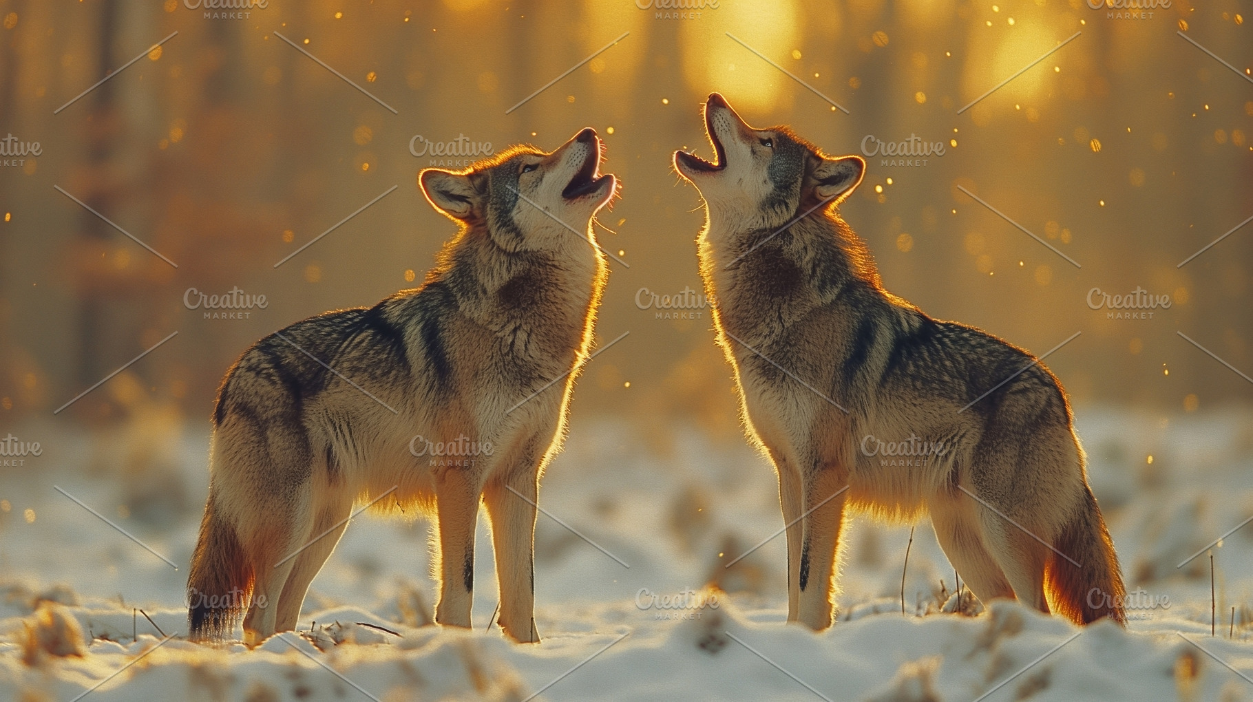 Two coyotes howling together at sunset in a snow-covered landscape, embodying t, an Animal Photo by ImageMir