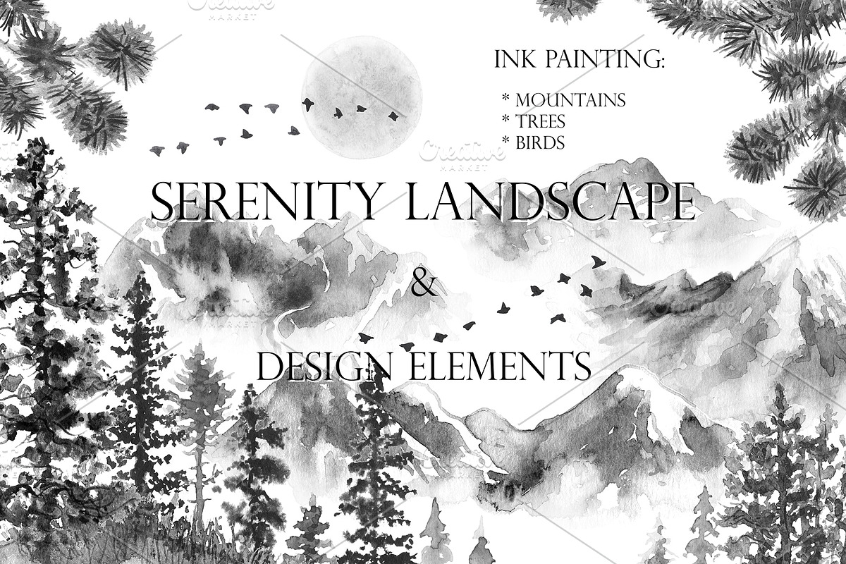 Serenity Landscape Ink Painting, a Decorative Illustration by Valentyna Smordova (Photo 1 of 5)