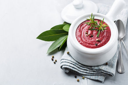 Seasonal fall autumn creamy beetroot soup on a table, a Food & Drink Photo by Antonina Vlasova