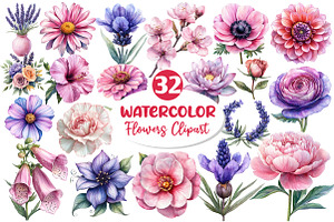 Lavender & Pink Flowers Clipart, an Illustration by Dream Creation