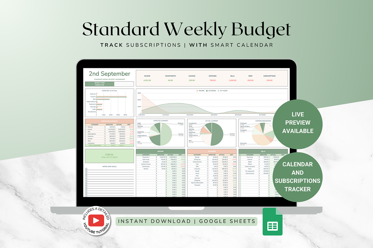 Standard Weekly Budget - Green, a Templates & Theme by The Creative Plans co (Photo 1 of 10)