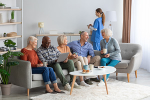 Friendly multiracial group of elderly people spending time together, a Photo by Prostock-Studio