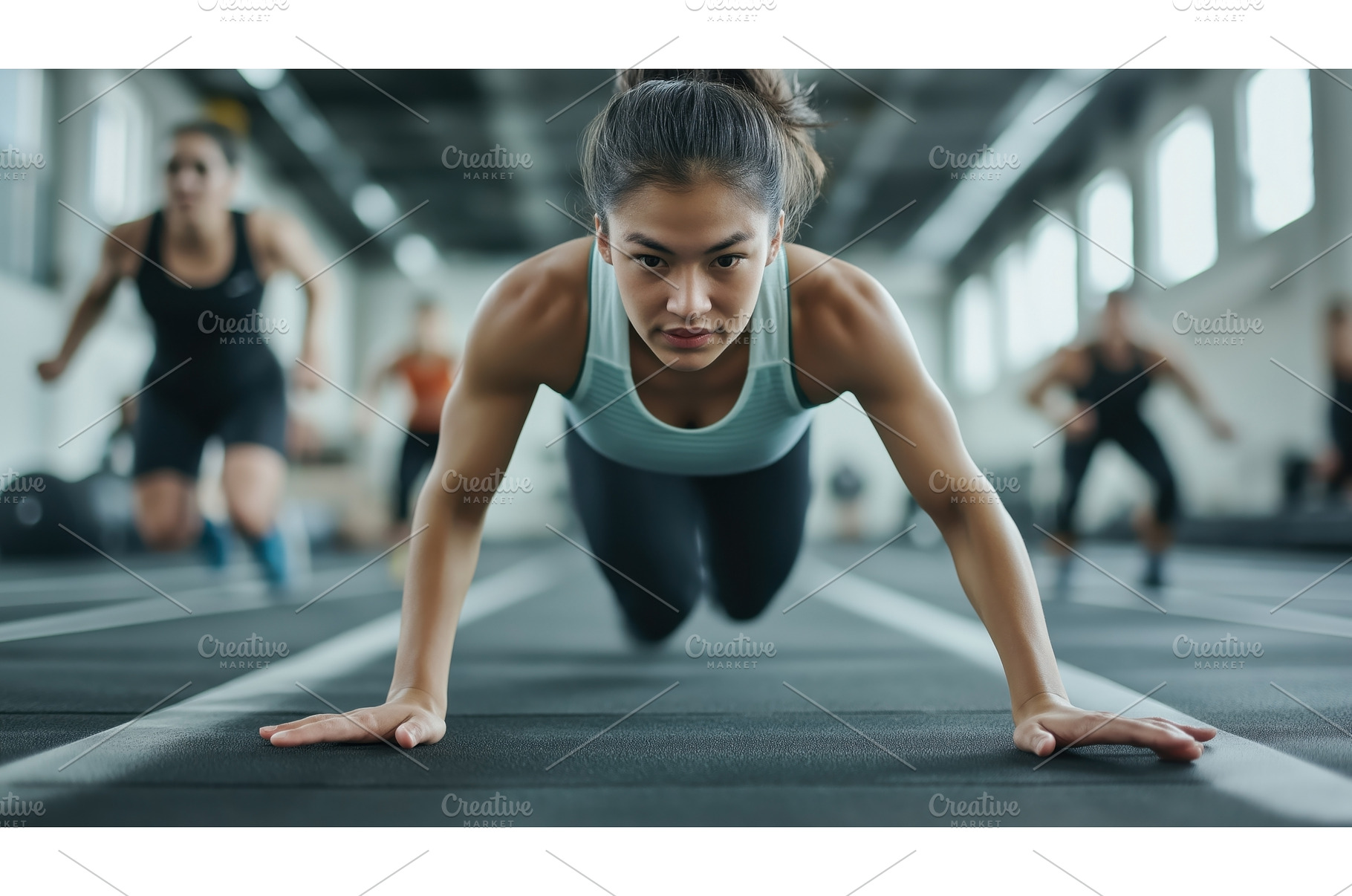 Focused Asian woman performing push, an Architecture Photo by Sergey Kotenev