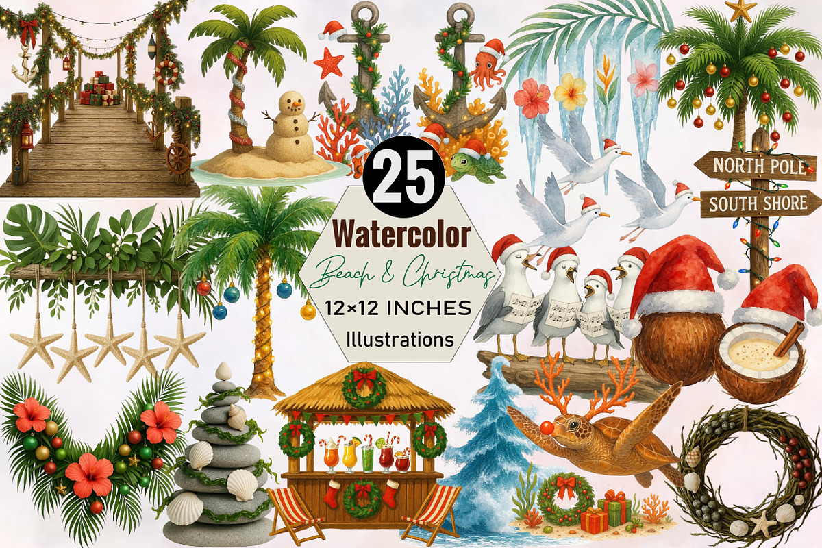 Watercolor Beach & Christmas Clipart, an Illustration by SVGArt (Photo 1 of 7)