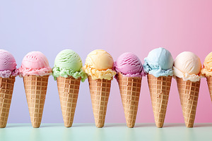 Row of colorful ice cream scoops, a Food & Drink Photo by MistyDay