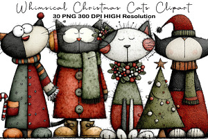 Whimsical Christmas Cats Clipart PNG, an Animal Illustration by Black Bird Studio