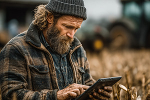 Farmer using digital device for agricultural management in a rural field, a Photo by AS photostudio