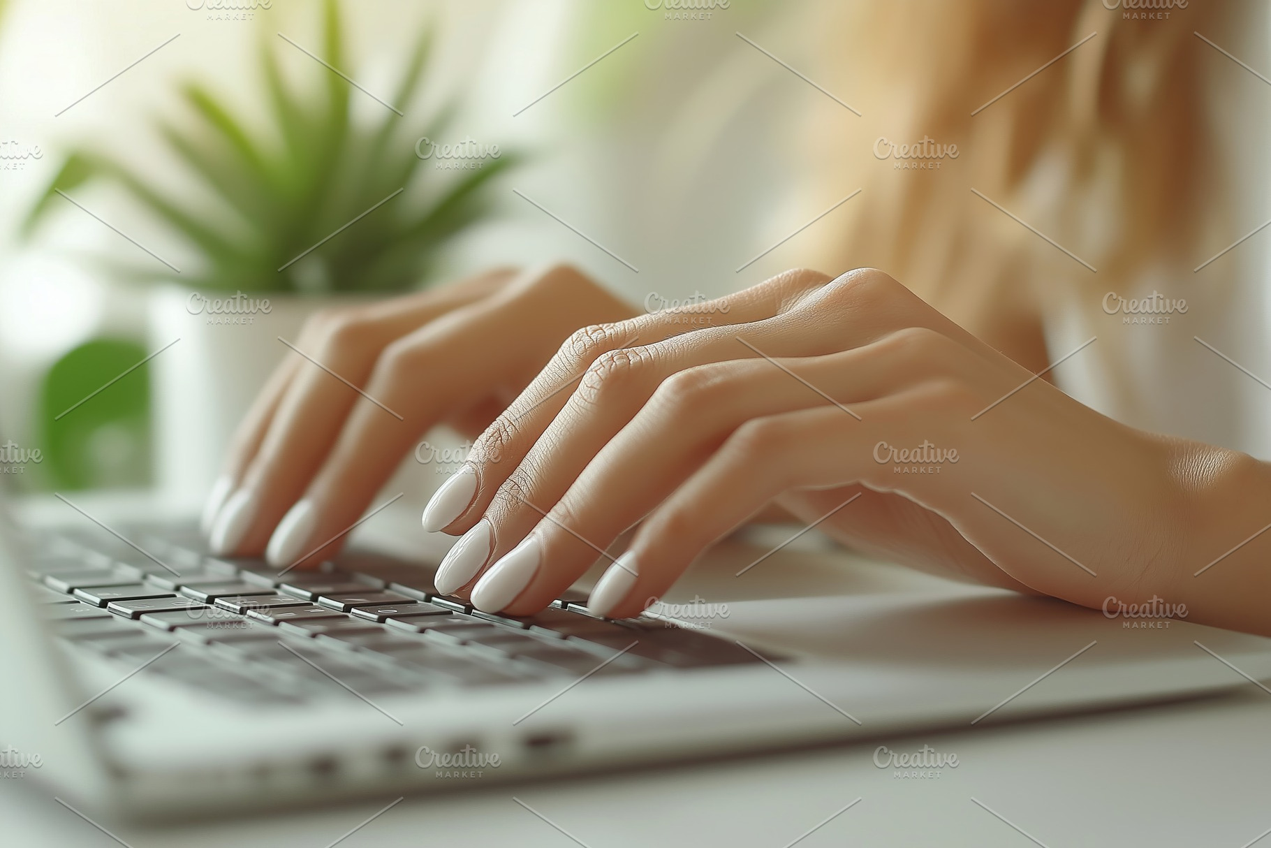 A close-up of a woman's hands typing on a laptop, showcasing elegant white nail, a Person Photo by ImageMir