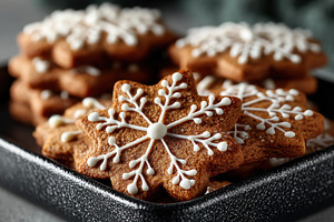 Snowflake shaped gingerbread cookies with white icing decoration, a Holiday Photo by José Manuel Gelpi