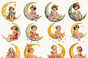 Vintage Girls on the Moon Clipart, a Person Illustration by BusyDaydesign (Thumbnail 2 of 9)
