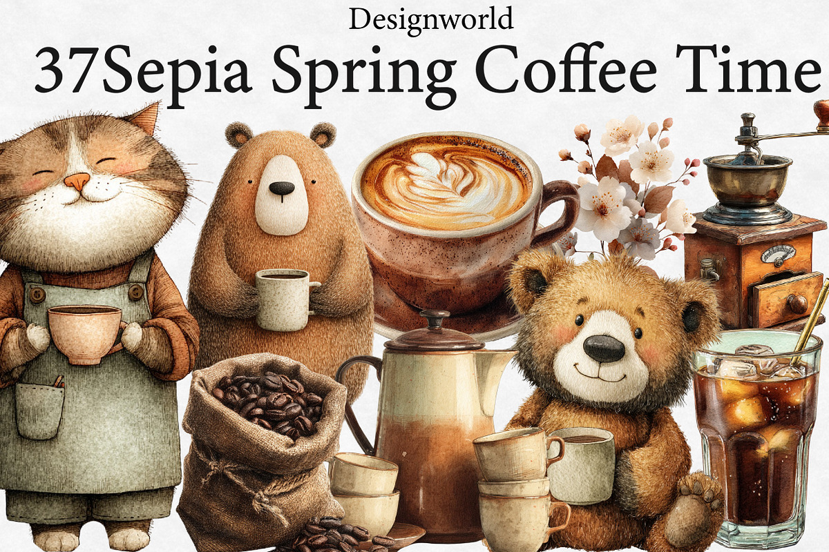 Sepia Spring Coffee Time Clipart, an Illustration by Designworld (Photo 1 of 5)