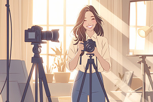 Smiling woman setting up her camera in a bright home studio setting, an Illustration by AS photostudio