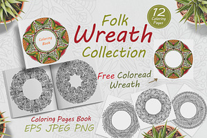 Folk style wreath for coloring
