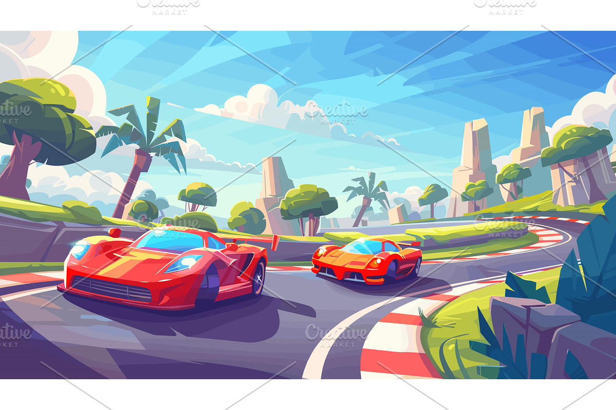 Two Sports Cars Go Round A Corner On, a Transportation Illustration by LadadikArt