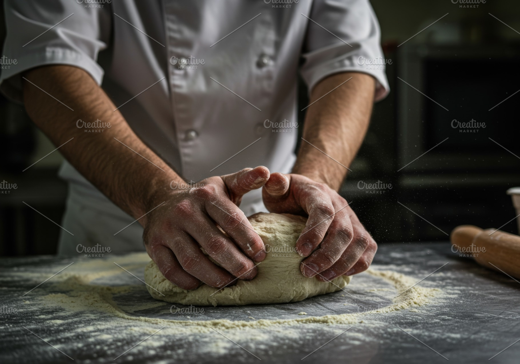 Baker kneading fresh dough on a flou, a Food & Drink Photo by professorinc