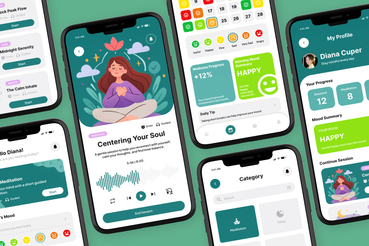 Mindora - Calm Wellness App UI Kit, an App Template by trabaskriya (Photo 3 of 5)