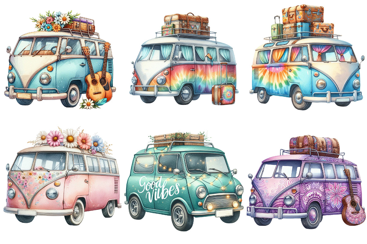 Hippie Car for Summer Watercolor PNG, an Illustration by Pixels.Craft (Photo 7 of 8)